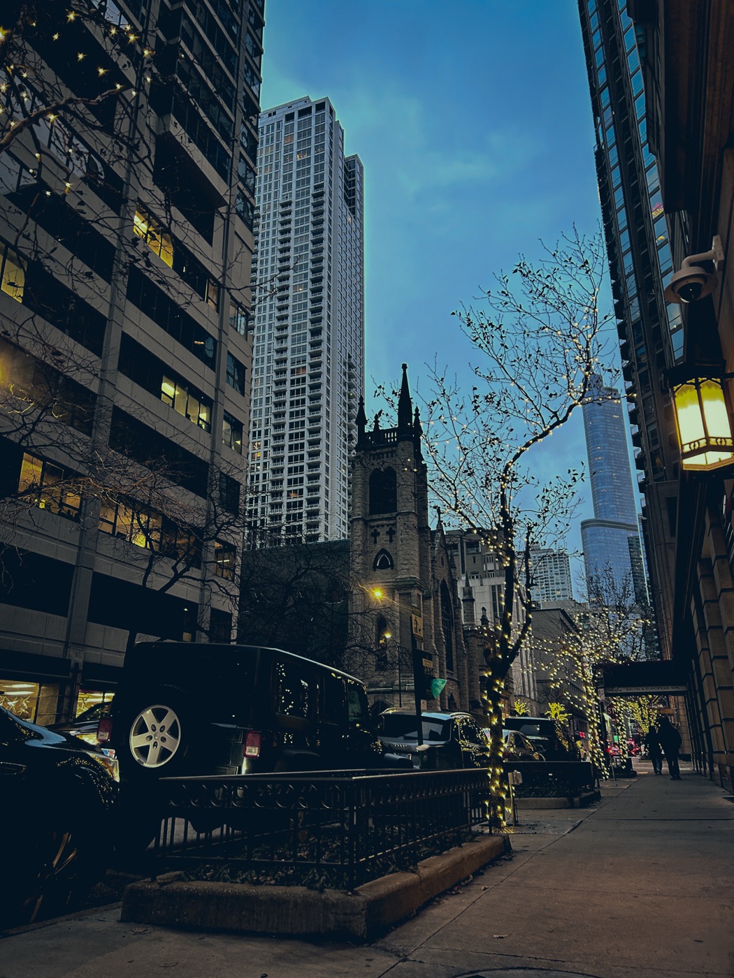 A side street, the tower at the end of it
